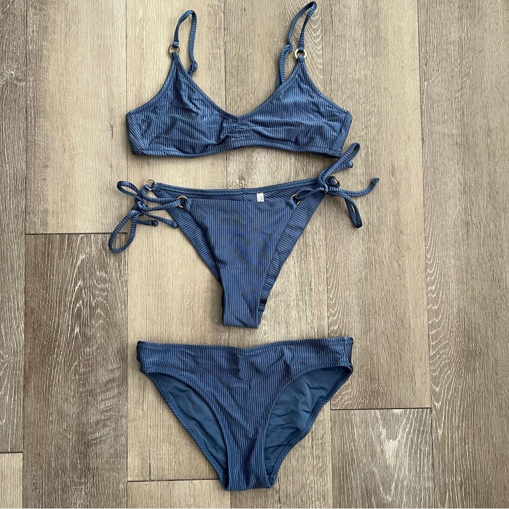 Aerie Shine Rib Bikini Set in Marbled Blue
